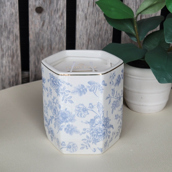 Harlow Hexagonal Stoneware White and Blue Floral Candle Sandalwood Vanilla